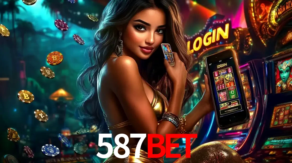 Mulher em um cenário de cassino temático de aventura, mostrando o app de caça-níqueis da 587bet no celular. Fichas de apostas flutuam ao redor.