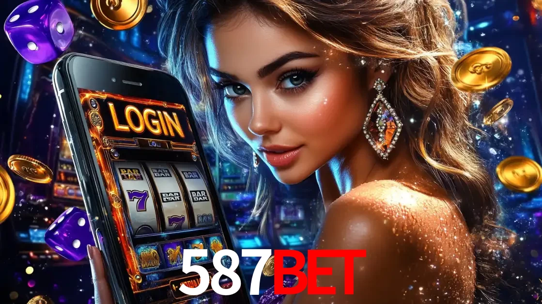 Mulher glamorosa segurando um smartphone com a tela de login para os jogos de caça-níqueis do cassino online 587bet, com moedas de ouro e dados ao redor.