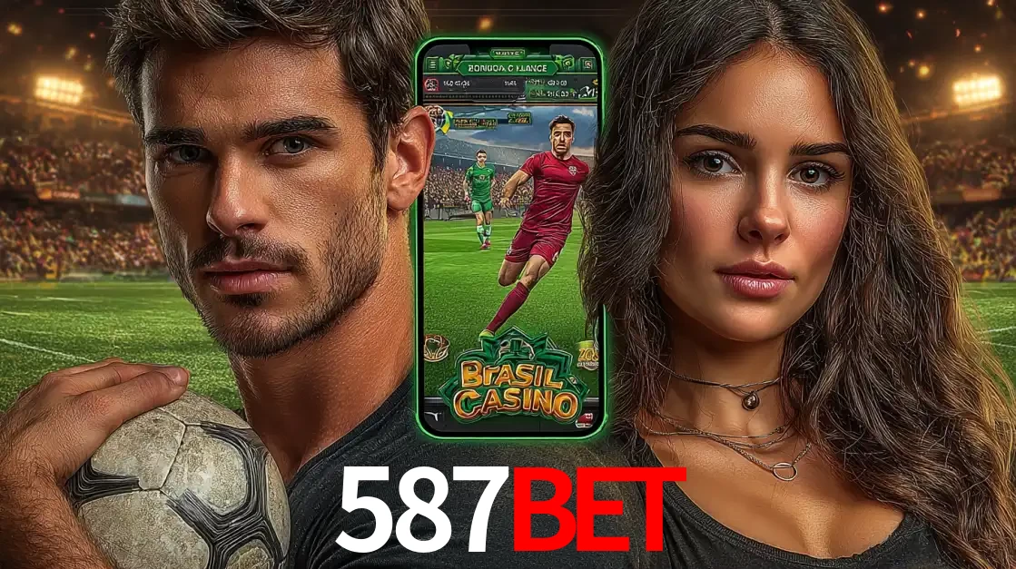 Homem segurando uma bola de futebol e uma mulher ao lado de um smartphone exibindo o jogo de apostas esportivas da 587bet. Faça seu palpite no cassino online.